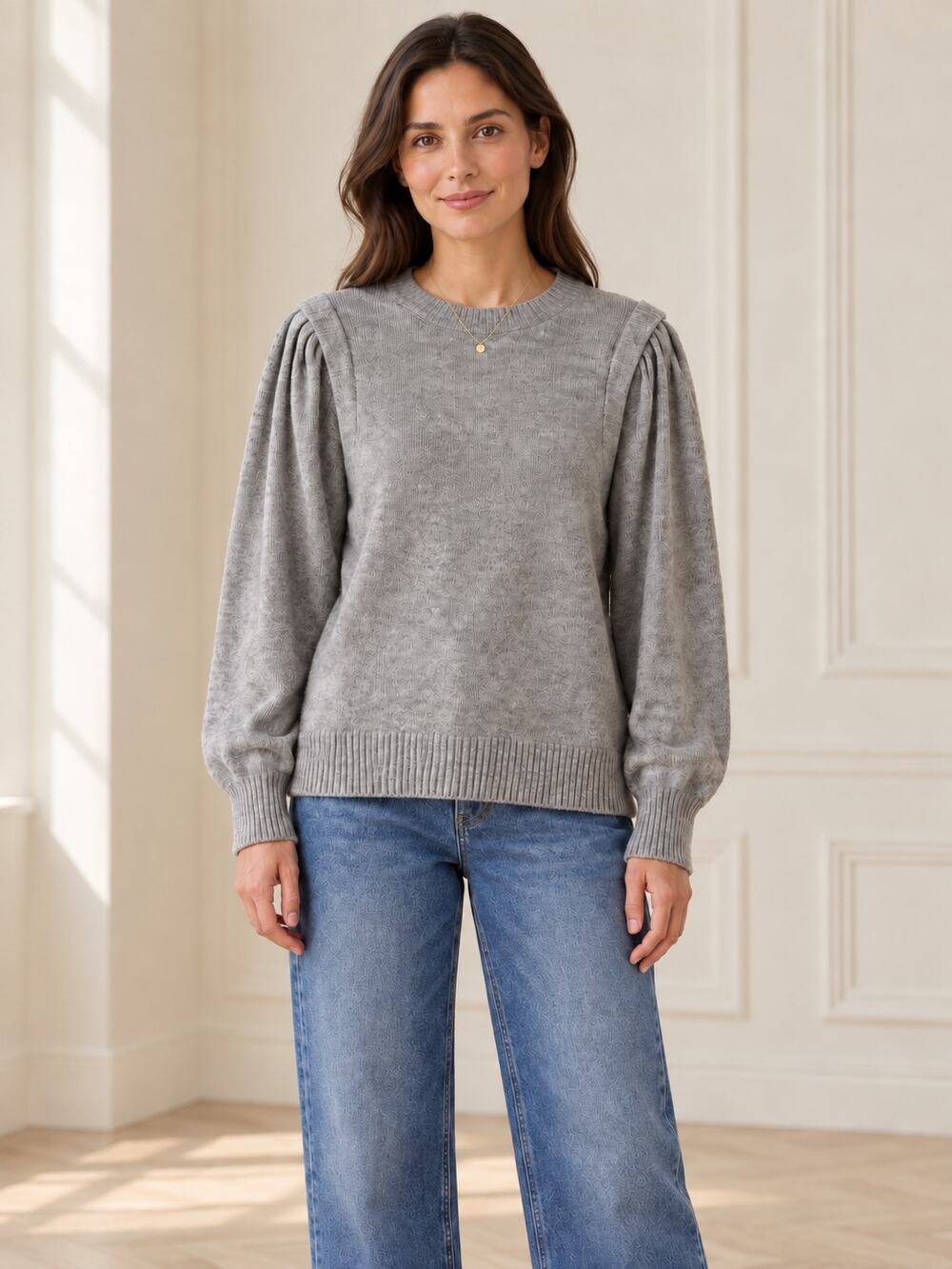 DKNY Gray Pleated Puff Shoulder Crewneck Sweater Size Large